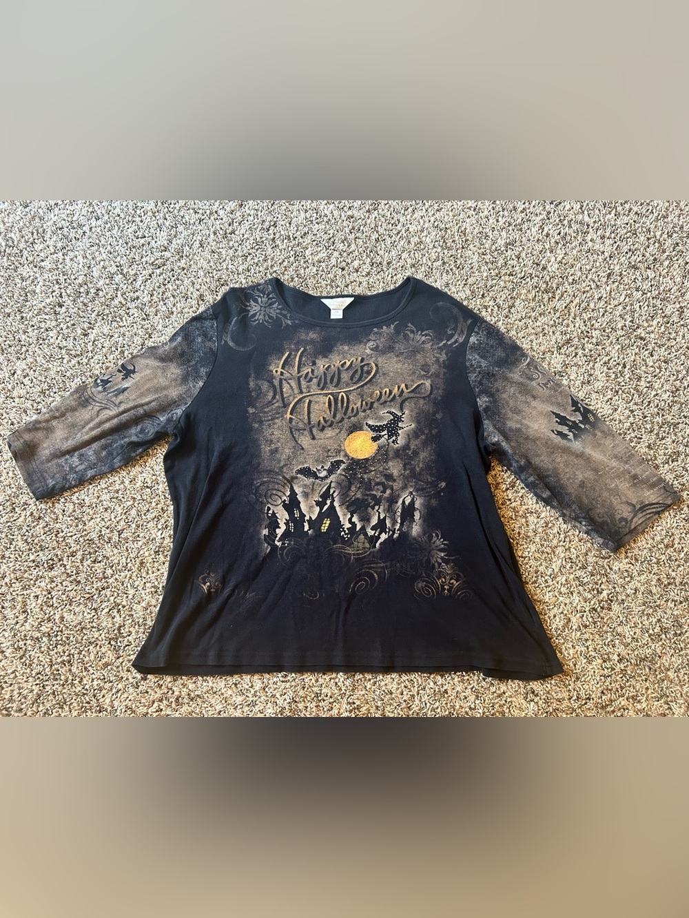 CJ Banks Black Long Sleeve 'Happy Halloween' Graphic Top with Gold Moon - 2X -